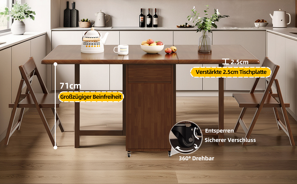 Der Text zeigt die Maße: '71 cm' und '2,5 cm'. Moderne Essgruppe mit Holztisch, Klappstühlen, Wandregal. Die Maße sind für die Möbelmaße angegeben.