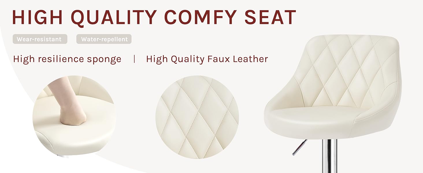 White bar stool with quilted faux leather seat. Features high resilience sponge padding and chrome base. Three images show seat cushion, quilted pattern, and full stool.