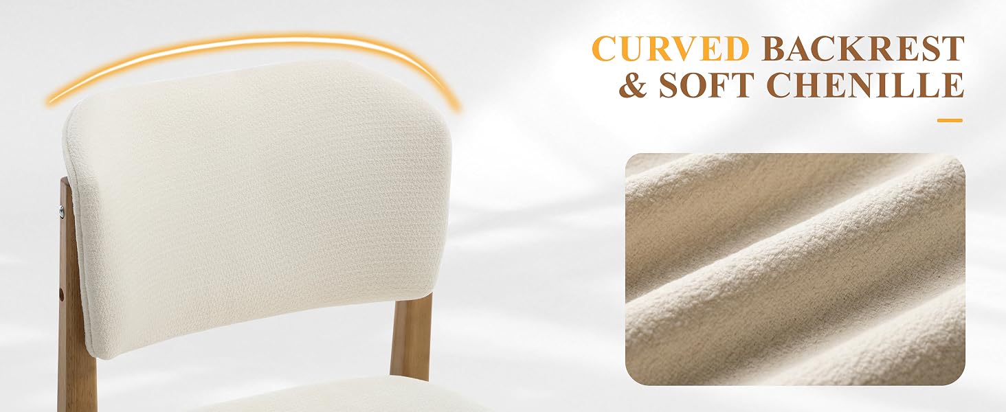 Text reads 'CURVED BACKREST &amp; SOFT CHENILLE'. Split view: cream upholstered accent chair with wooden legs on left; close-up of soft beige chenille fabric texture on right.