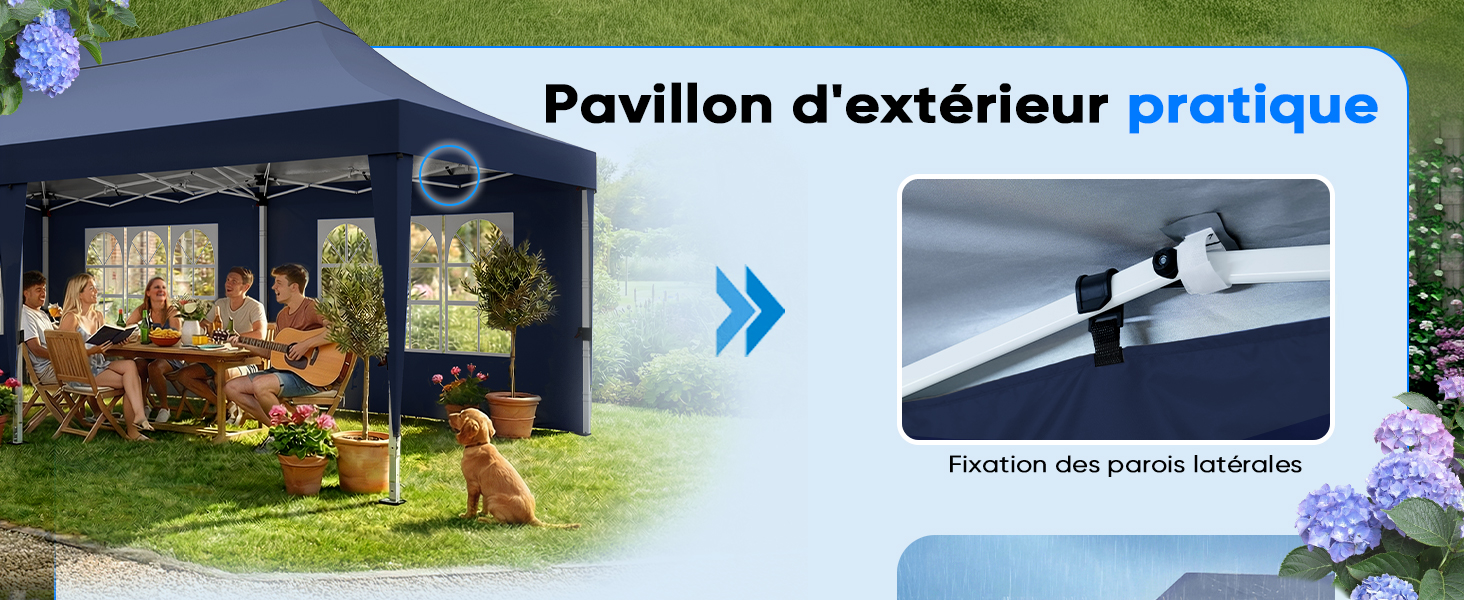 Le texte se lit comme suit : « Pavillon d'extérieur pratique ». Collage d'images de pavillons extérieurs montrant différents angles et décors de jardin.
