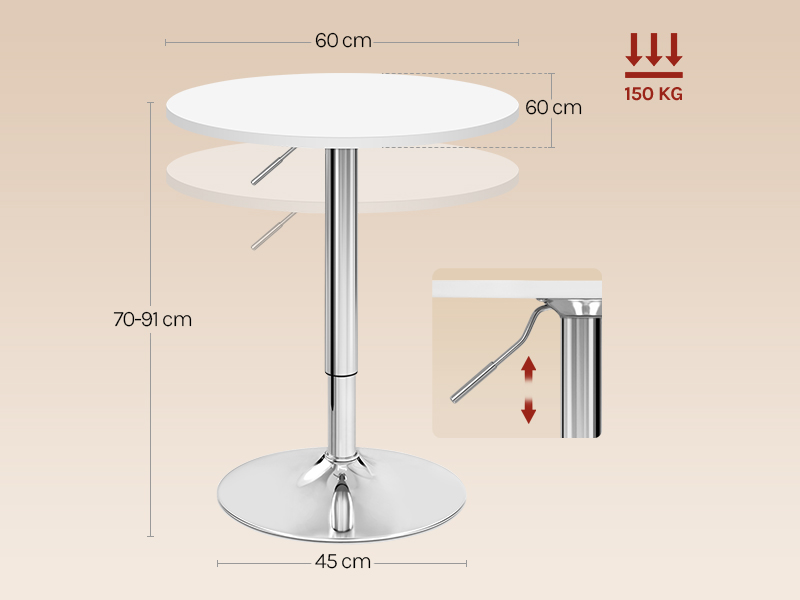 Il testo dice «60 cm» e «70-85 cm». Schema tecnico che mostra le dimensioni e le misure del tavolo o mobile circolare con base cromata.