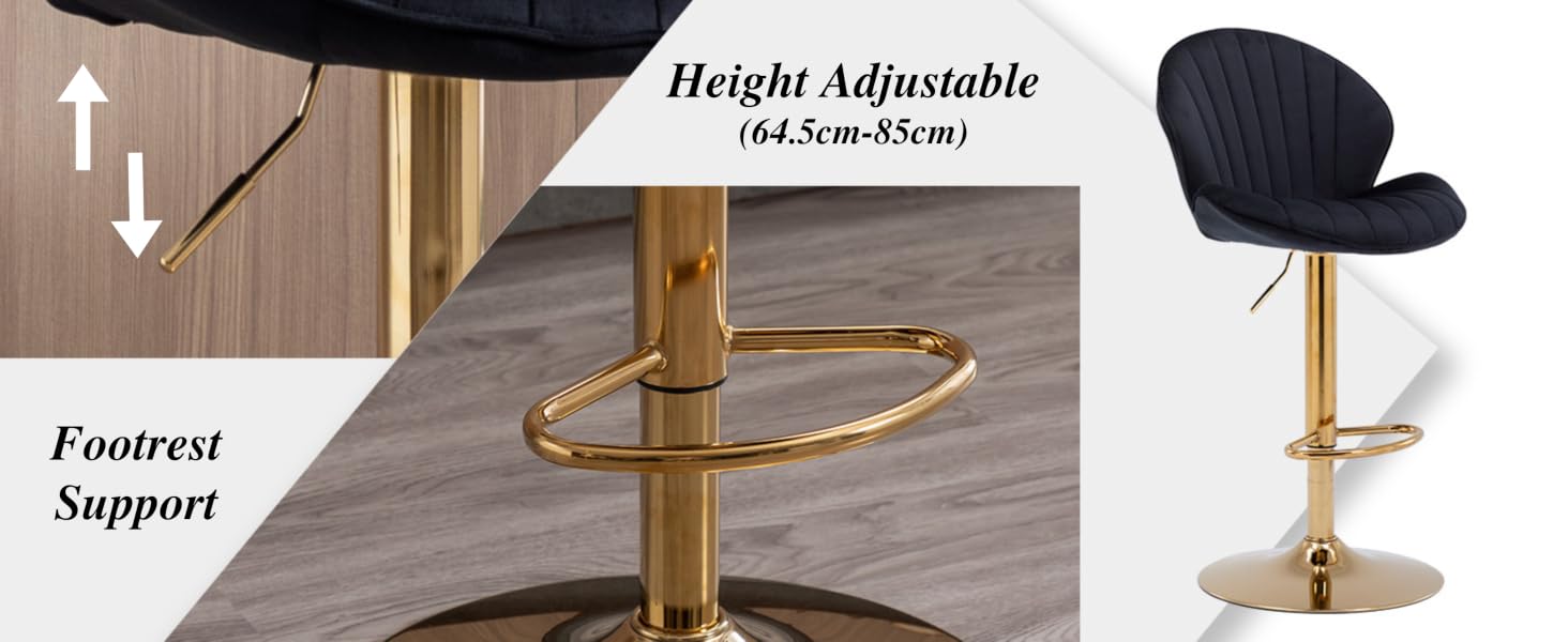 Adjustable bar stool with black fabric seat, gold base, and footrest. Height adjustable from 64.5cm to 85cm. Features curved backrest and circular base for stability.