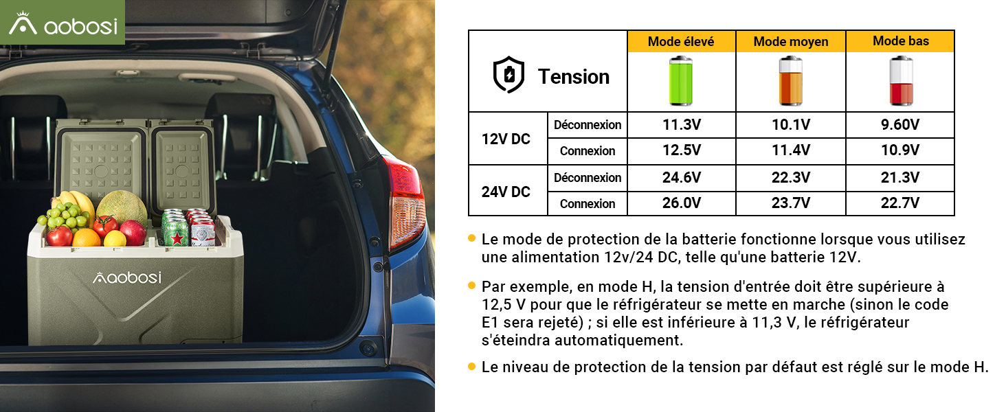 montrant les modes de protection de la batterie pour les systèmes 12 V et 24 V, avec une glacière portable visible dans le coffre de la voiture contenant des produits frais