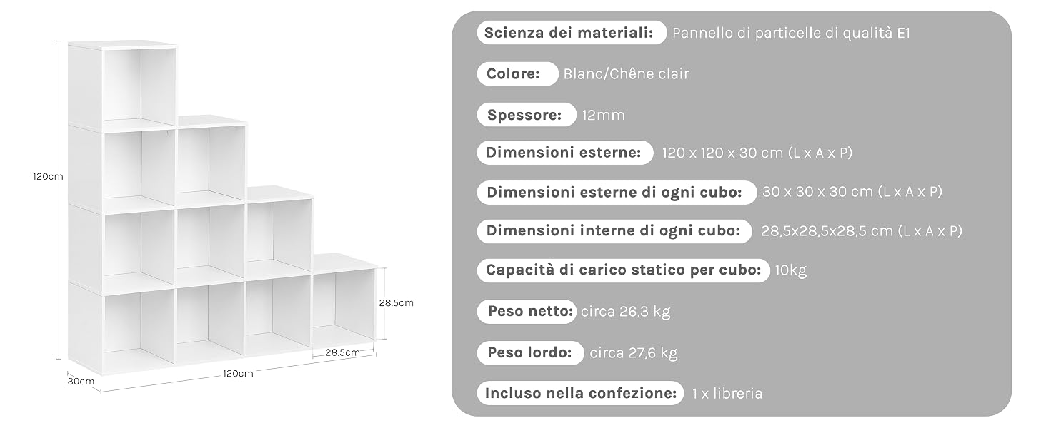 Tabella delle specifiche del prodotto per una libreria a gradini, con dettagli su dimensioni, capacità di peso.
