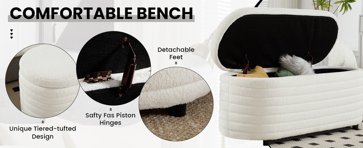 White storage bench with tiered tufted design, detachable feet, and soft-close hinges. Features a lift-top lid revealing interior storage space.