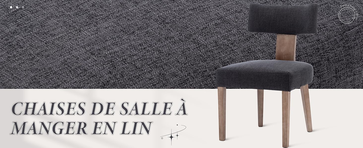 Chaise de salle à manger rembourrée grise avec pieds en bois sur fond gris texturé. Le texte français indique des chaises de salle à manger en lin.