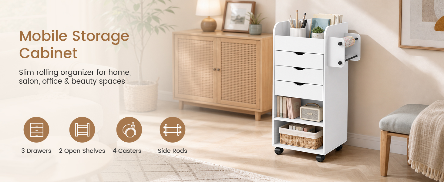Le texte indique « Armoire de rangement mobile ». Meuble de rangement à roulettes blanc avec plusieurs compartiments et étagères, positionné dans le salon avec meubles et plantes.