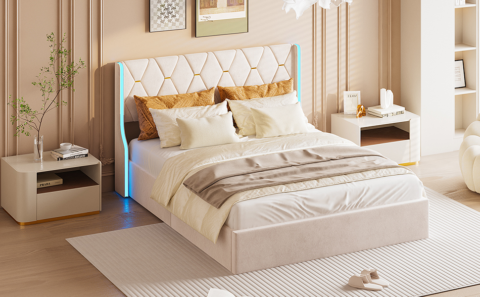 un lit avec une tête de lit blanche et un tapis blanc
