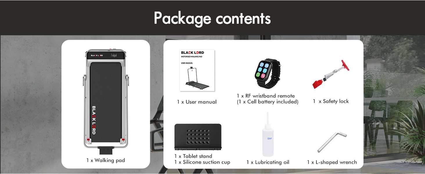 Product package contents display showing electronic device and accessories including mounting bracket, cleaning kit, and tools.