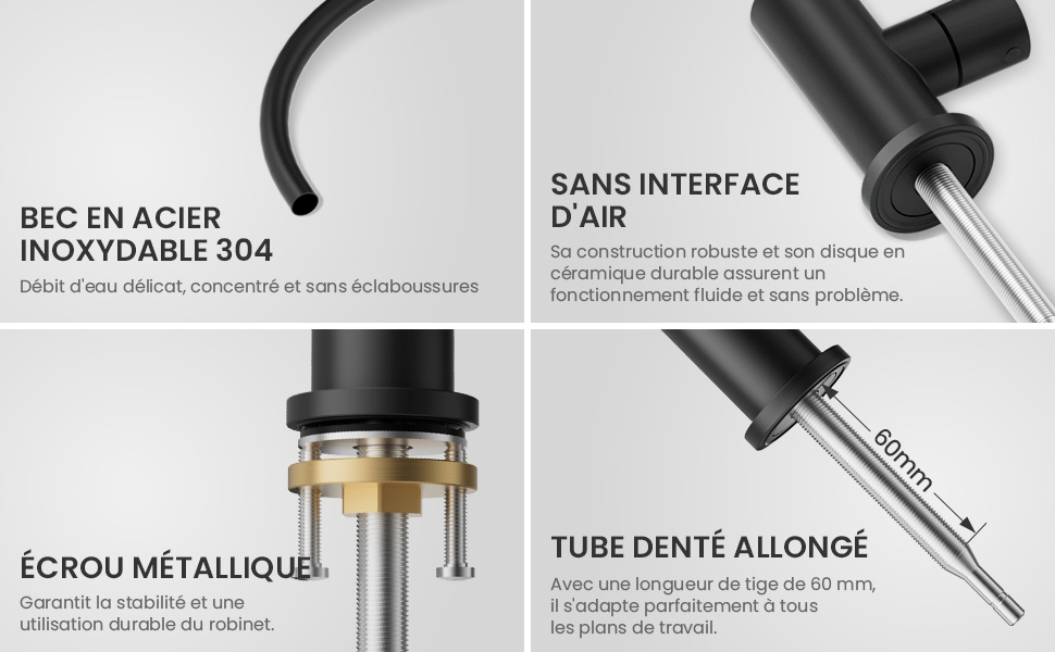 Schéma technique montrant les composants du produit étiquetés en français : « BEC EN ACIER », « TUBE DENTÉ ALLONGUÉ », « SANS INTERFACE D'AIR », « ÉCROU MÉTALLIQUE », « INOXYDABLE 304 ».