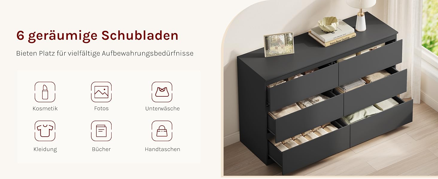 Der Text lautet '6 geräumige Schubladen'. Produktwerbung, die einen dunklen Schubladenschrank aus Holz mit sechs geräumigen Fächern zur Aufbewahrung von Schuhen zeigt, der in einer modernen Inneneinrichtung präsentiert wird.