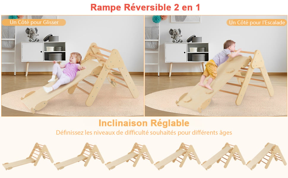 Triangle D'Escalade Enfant 5-en-1 Avec Toboggan – Bois Naturel, Pliable, Pour 18-48 Mois (Max 50 Kg) - 5