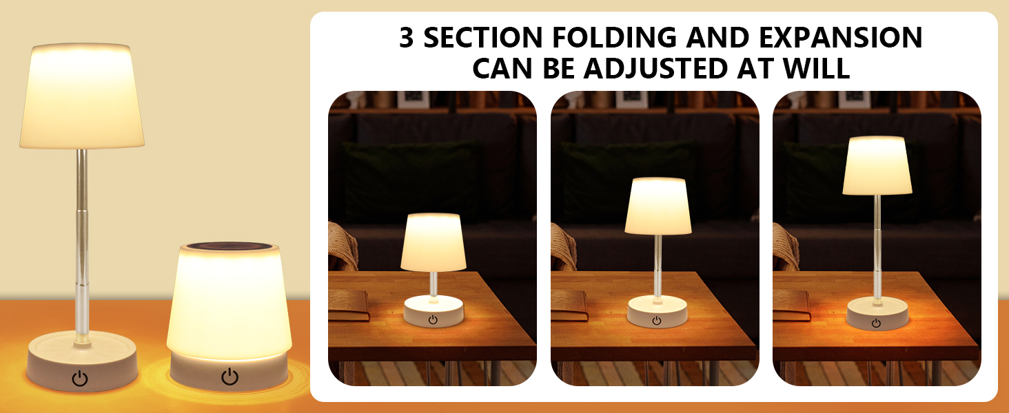 Le texte indique « LE PLIAGE ET L'EXPANSION EN 3 SECTIONS PEUVENT ÊTRE AJUSTÉS À VOLONTÉ ». Images séquentielles de produits montrant une lampe de table à sections réglables dans un éclairage chaud sur fond jaune.