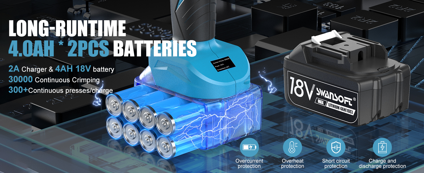 Le texte indique « BATTERIES 4 AH 20 V À LONGUE DURÉE DE VIE ». Bloc-batterie bleu avec les spécifications du produit affichées sur fond foncé.