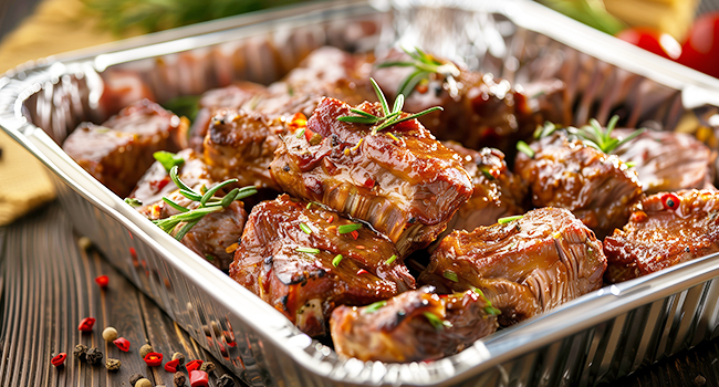 Plaque à pâtisserie remplie de morceaux de viande cuits, probablement des boulettes de viande ou de petites brochettes, garnie d'herbes et d'