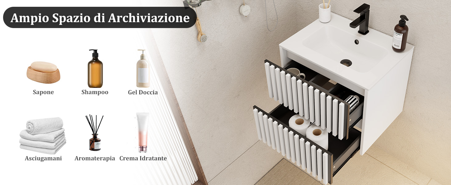 Diagramma del design degli interni del bagno che mostra vari dispositivi e accessori tra cui doccia, radiatore e soluzioni di archiviazione montate su pareti bianche.