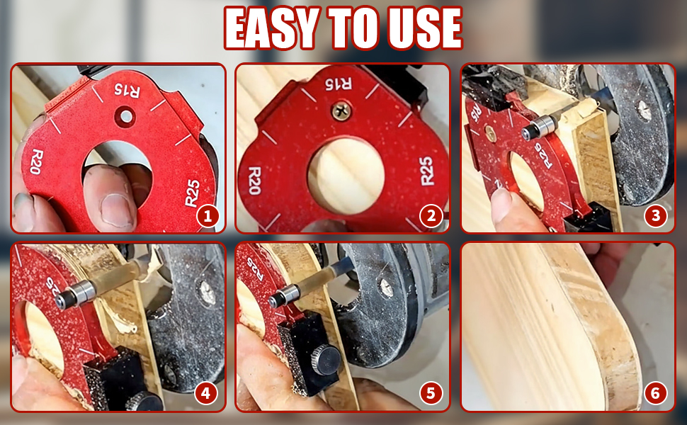 Step-by-step demonstration of a red circular woodworking tool being used to shape or trim wooden edges, shown in six progressive panels.