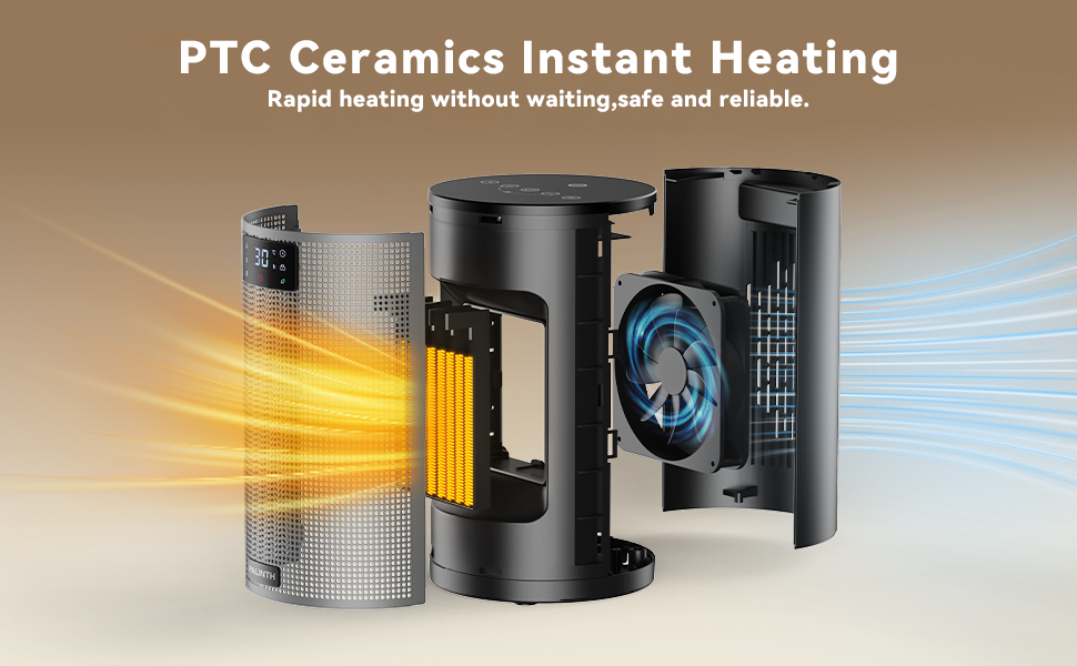 PTC Ceramics Instant Heating device illustration. Shows rapid, safe heating technology with internal components and airflow directions highlighted.