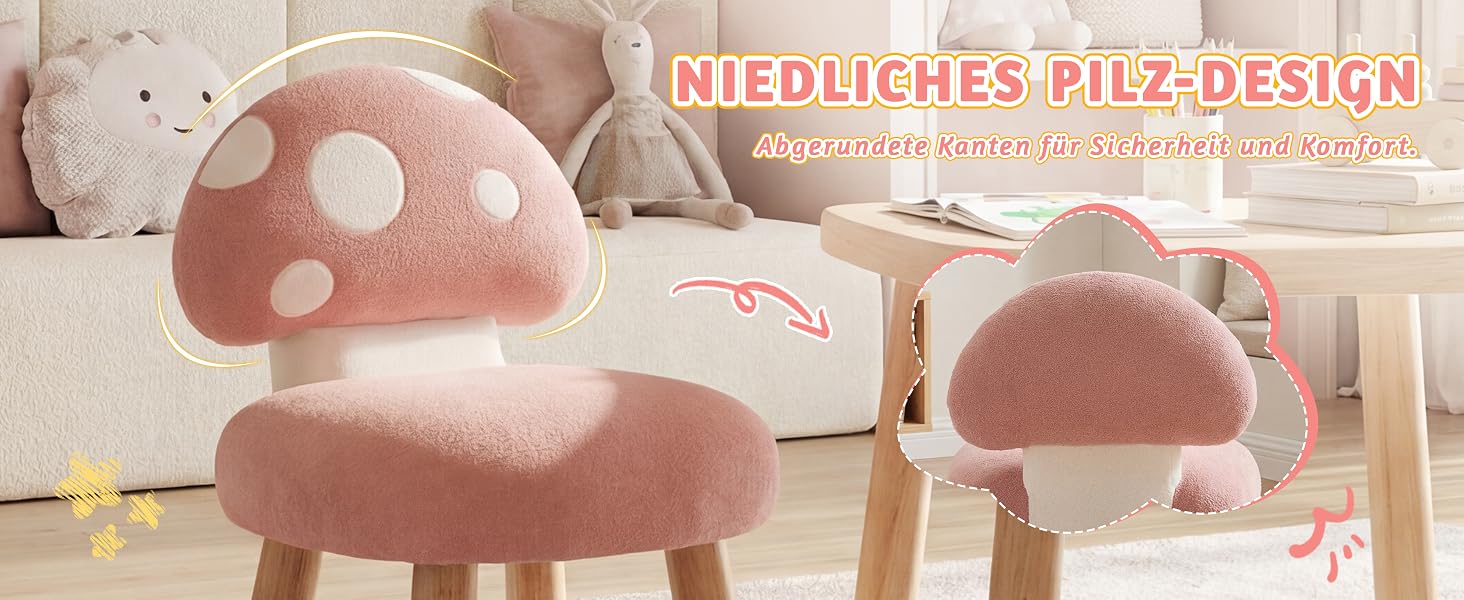 Der Text lautet „NIEDLICHES PILZ-DESIGN“. Mehrere dekorative pilzförmige Objekte in rosa/roten Farben mit weißen Punkten, die in einem Display angeordnet sind.
