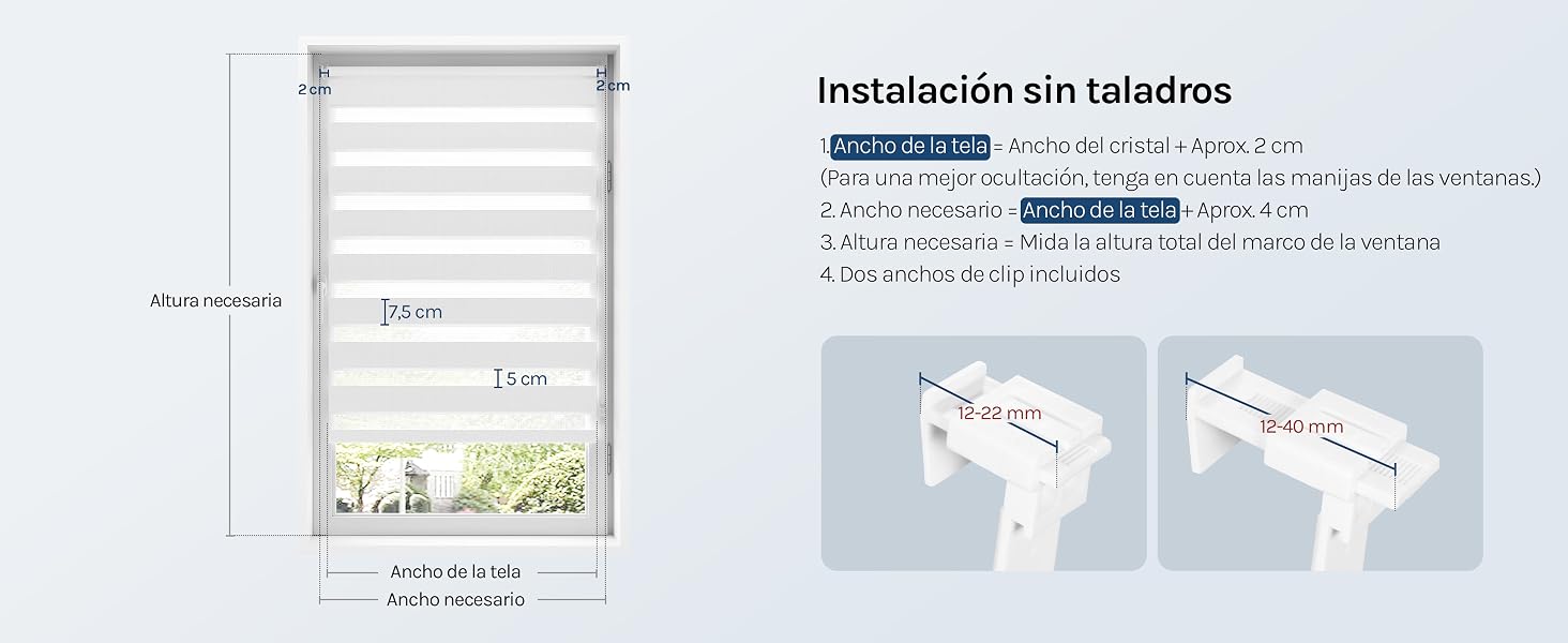 El texto dice «Instalación en taladros» con instrucciones de instalación en español. La persiana se muestra con las opciones de doble soporte de montaje que se muestran en diagramas detallados.