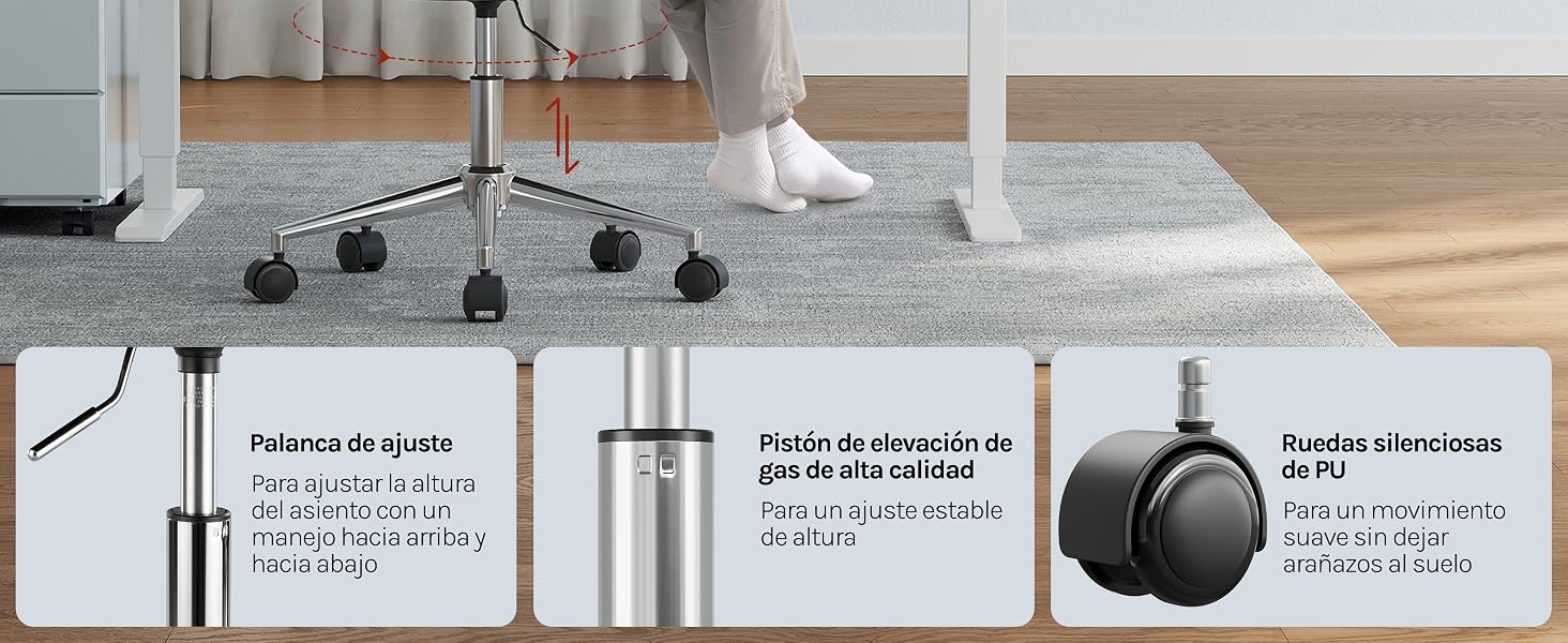 Diagrama de características del producto que muestra los componentes de las sillas de oficina con etiquetas en español que incluyen: «Palanca de ajuste», «Pistón de amortiguador» y «Ruedas silenciosas». Muestra los mecanismos de ajuste y los detalles de las ruedas.