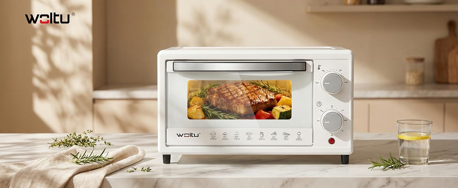 Il testo dice «waiiu». Apparecchio da banco compatto mostrato in cucina con luci calde e cibo visualizzato sullo schermo.