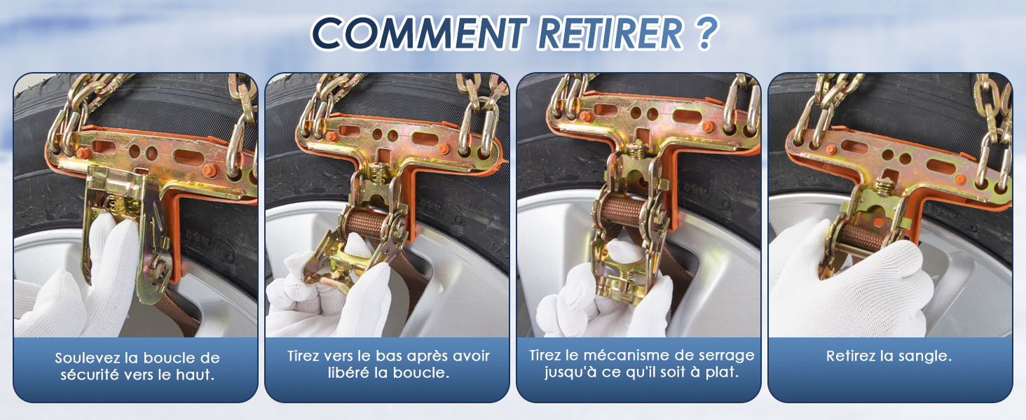 Le texte se lit comme suit : « COMMENT RETIRER ? » Schéma d'instructions montrant le processus étape par étape pour retirer quelque chose, avec des panneaux teintés en bleu contenant des images de démonstration.