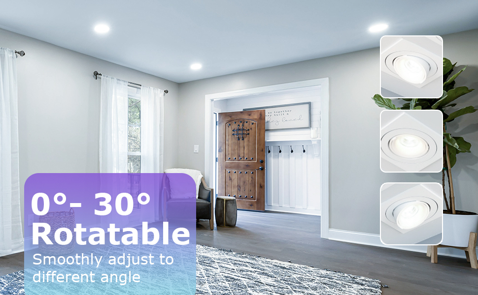 Adjustable ceiling light fixture with 0-30 degree rotation range. White circular design shown in multiple positions, demonstrating flexibility for different lighting angles.