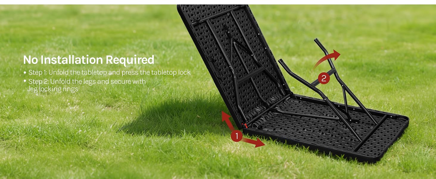 Text reads "No Installation Required" and "Ø25mm Tubing | Easy Assembly | Only 5 Minutes". Outdoor grass scene featuring black rattan/woven lounge chair with red trim and extended footrest in laid-back reclined position.