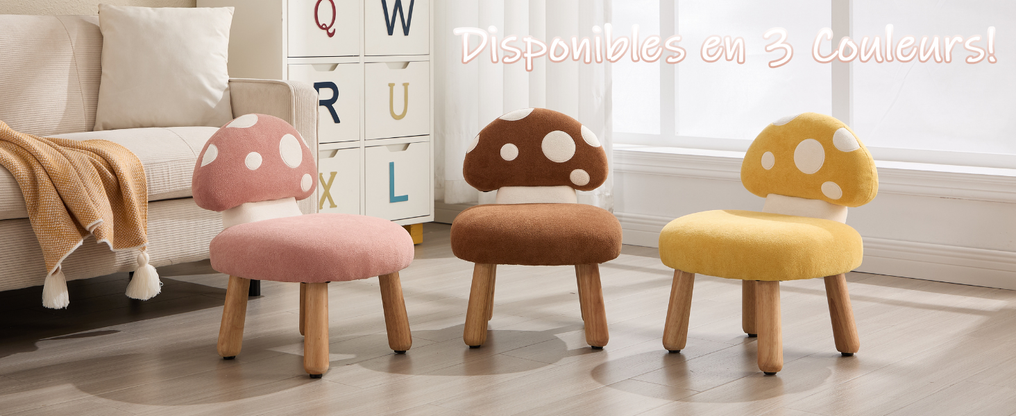 Série de chaises pour enfants à dossier arrondi, dotées d'un revêtement en peluche de différentes couleurs pastel, notamment le rose, le marron, le jaune et le beige. Chaque chaise est dotée d'un dossier capitonné à boutons.