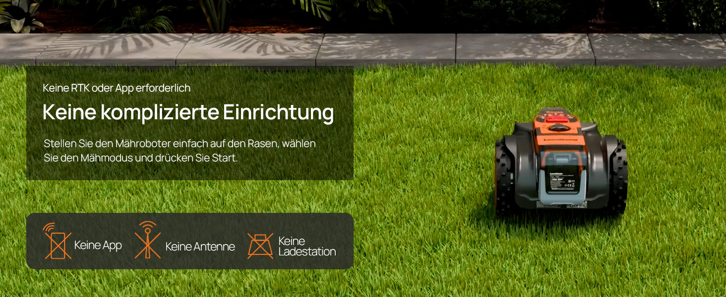 Der Text lautet „Keine komplizierte Einrichtung“ mit deutschem beschreibendem Text und Symbolen mit den Aufschriften „Starten“, „Konfigurieren“, „Mähen“. Roter Mähroboter auf grünem Gras mit Anzeige der Einrichtungsinformationen.
