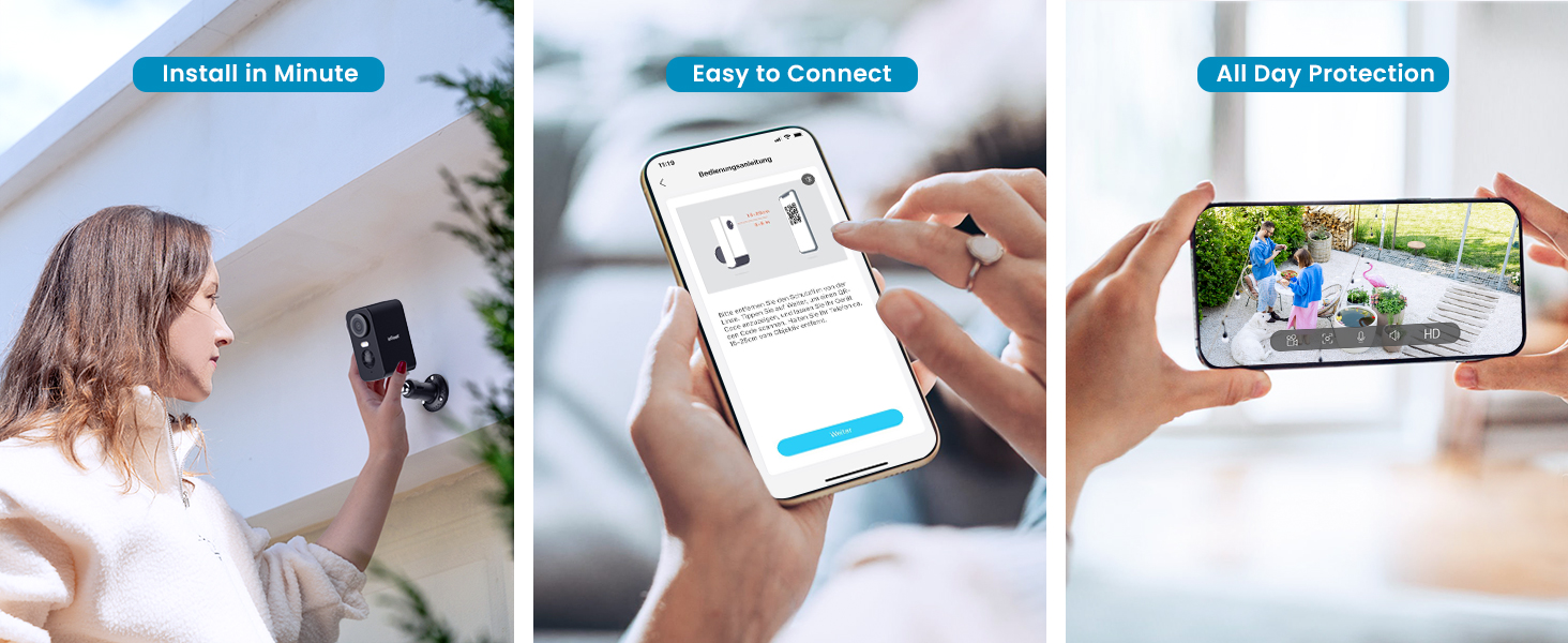 Trois écrans de smartphone affichant les interfaces des applications : « Installer ou gérer », « Facile à connecter » et « Easy Pairing » affichés sur trois mains tenant des appareils mobiles en extérieur.
