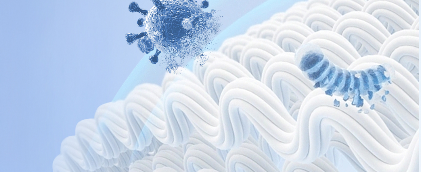 Vue microscopique d'un material de fibra blanca con estructuras esféricas azules. Suggère un matériau filtré ou protector au niveau moléculaire.