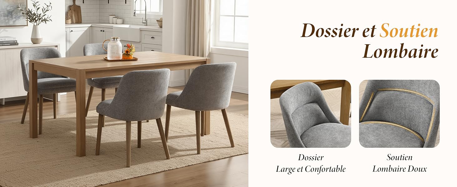 Le texte se lit comme suit : « Dossier et Soutien Lombaire ». Ensemble de salle à manger moderne avec chaises grises rembourrées et table en bois. Les images incrustées montrent les détails de la chaise.