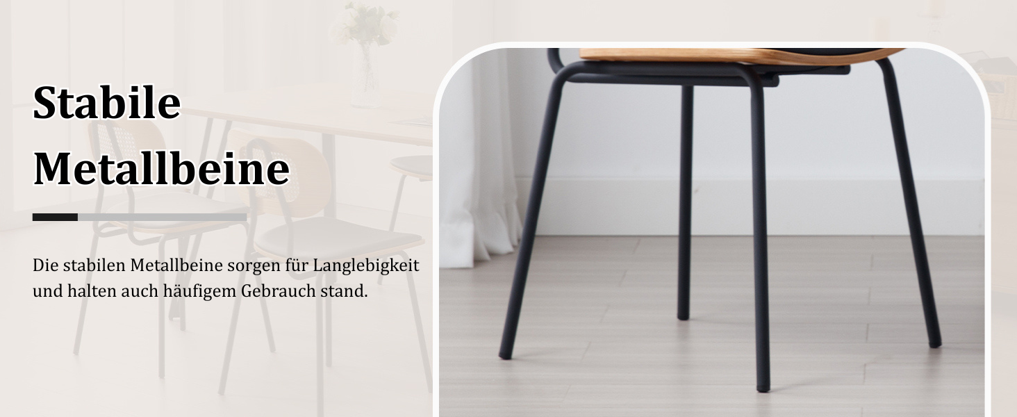 Der Text lautet: „Stabile Metallibeine“. Einfacher Hocker oder Tisch mit Metallbeinen auf weißem Hintergrund.