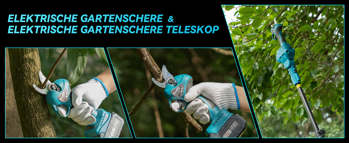 Elektrische Gartenschere mit Teleskopgriff Drei Paneele zeigen den Schneidvorgang aus nächster Nähe und die erweiterte Reichweite zum Beschneiden hoher Äste. Blau-weißes Design