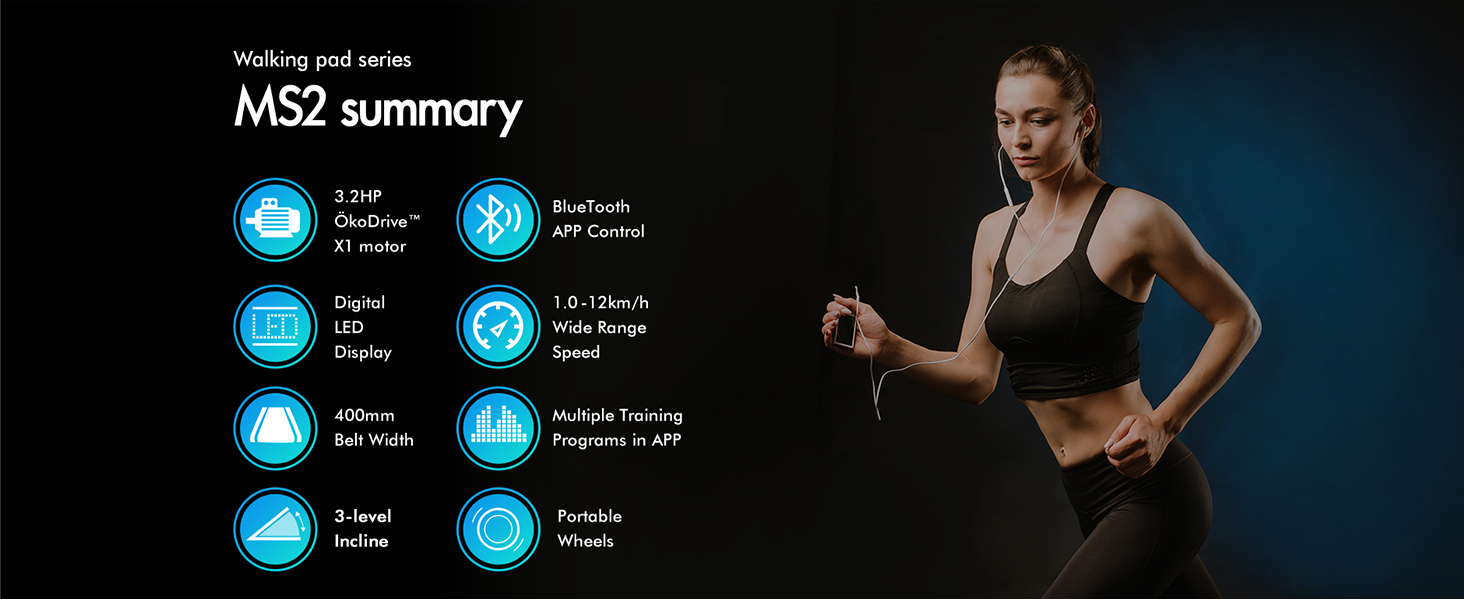 Fitness tracking interface showing multiple circular blue icons with workout statistics and metrics against dark background with person exercising.