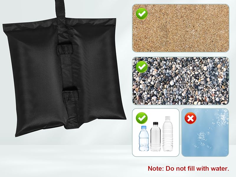 Product demonstration of weight sandbags showing different fill levels and a warning note about water usage.
