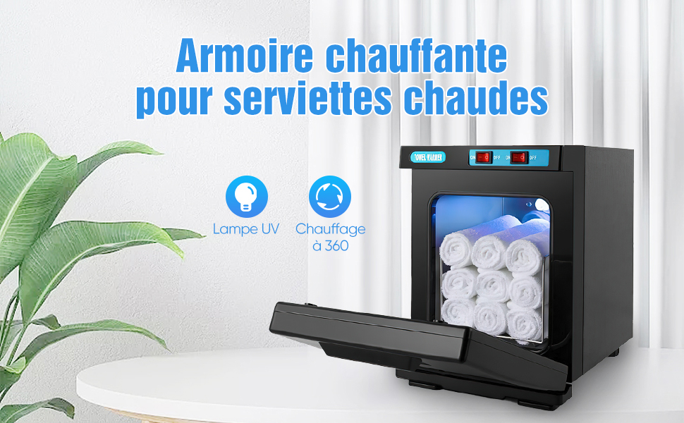 Calentador de toallas compacto negro con pantalla digital que muestra toallas blancas enrolladas en su interior. Incluye control de temperatura y temporizador.