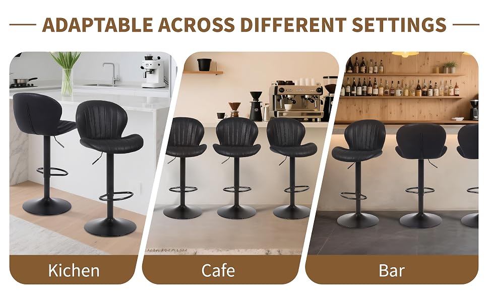 Text reads 'ADAPTABLE ACROSS DIFFERENT SETTINGS' with three venue icons labeled 'Kitchen', 'Cafe', 'Bar' showing bar stools in different environments.