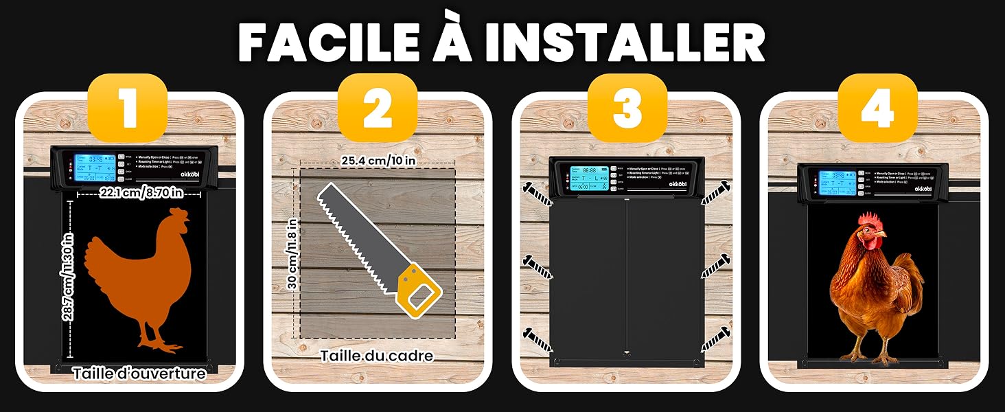 Le texte indique « FACILE À INSTALLER » (Facile à installer). Schémas d'instructions séquentiels montrant les étapes d'installation numérotées de 1 à 4 avec des icônes orange et noire.