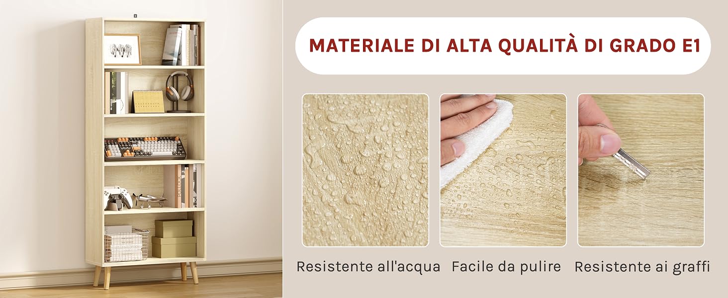 Pannello dimostrativo del prodotto che mostra le qualità dei materiali di una superficie: resistenza all'acqua, facilità di pulizia e resistenza ai graffi, con foto di esempio