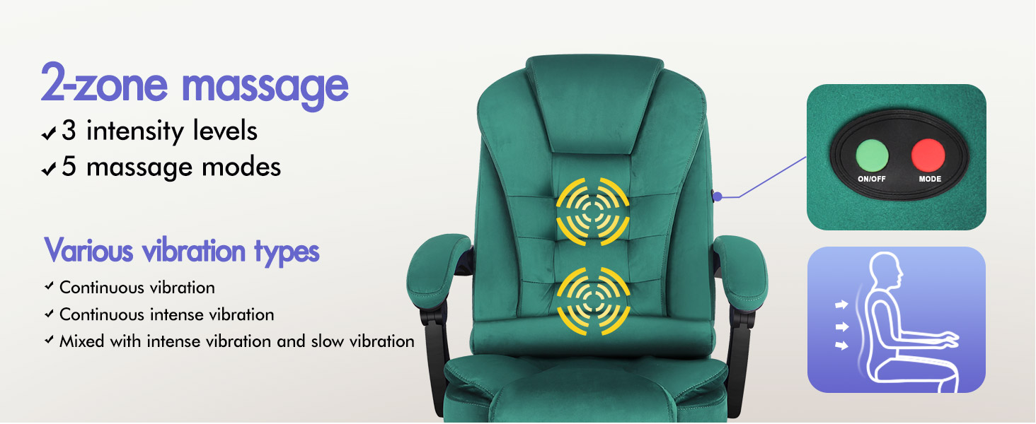 Text reads "2-zone massage", "3 intensity levels", "25 massage modes", "Vibrse Vibration Types", "Continuous vibration", "Pulsating, rhythmic vibration", "Wave massage". Green massage chair with dual circular massage zones on backrest and remote control shown.