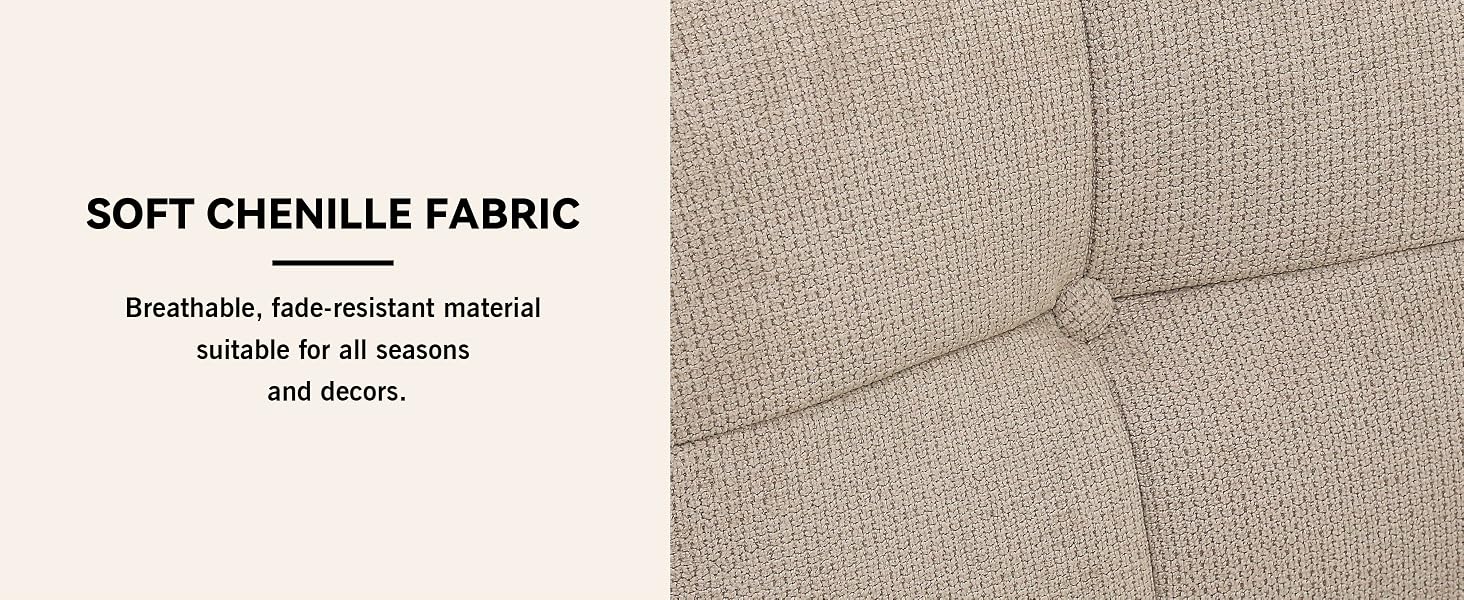 Text reads: 'SOFT CHENILLE FABRIC' followed by 'EccoStudio, fade-resistant material suitable for all seasons and events.' Close-up of textured grey fabric material.