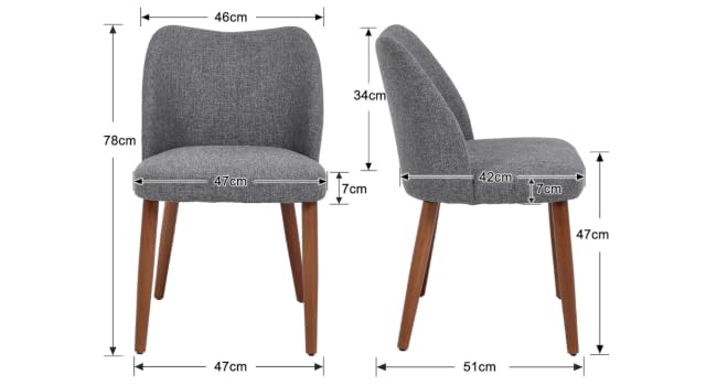 Diagrama técnico que muestra las dimensiones de una silla tapizada desde varios ángulos. Las medidas indican 48 cm de ancho, 47 cm de profundidad y 75 cm de alto con patas de madera.