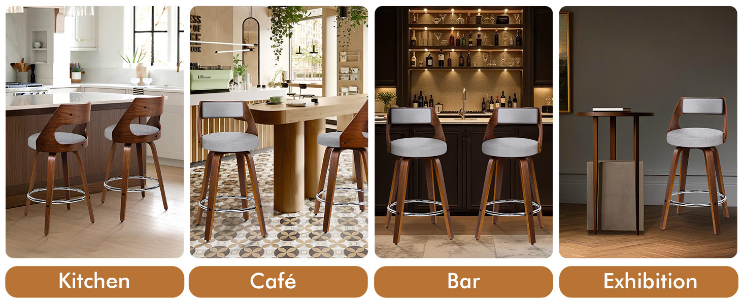 Text reads 'Kitchen', 'Bar', 'Cafe', 'Exhibition'. Series of bar stool images in different settings showing various styles and configurations of seating arrangements.