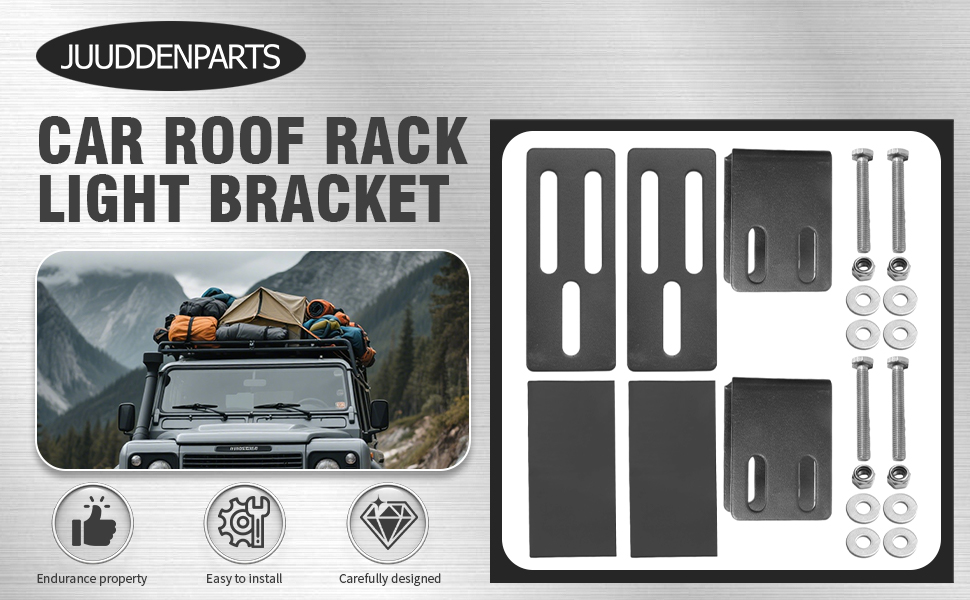 Text reads 'AUTOGENPARTS CAR ROOF RACK LIGHT BRACKET'. Product packaging showing mounting bracket components and installation icons on gray background.