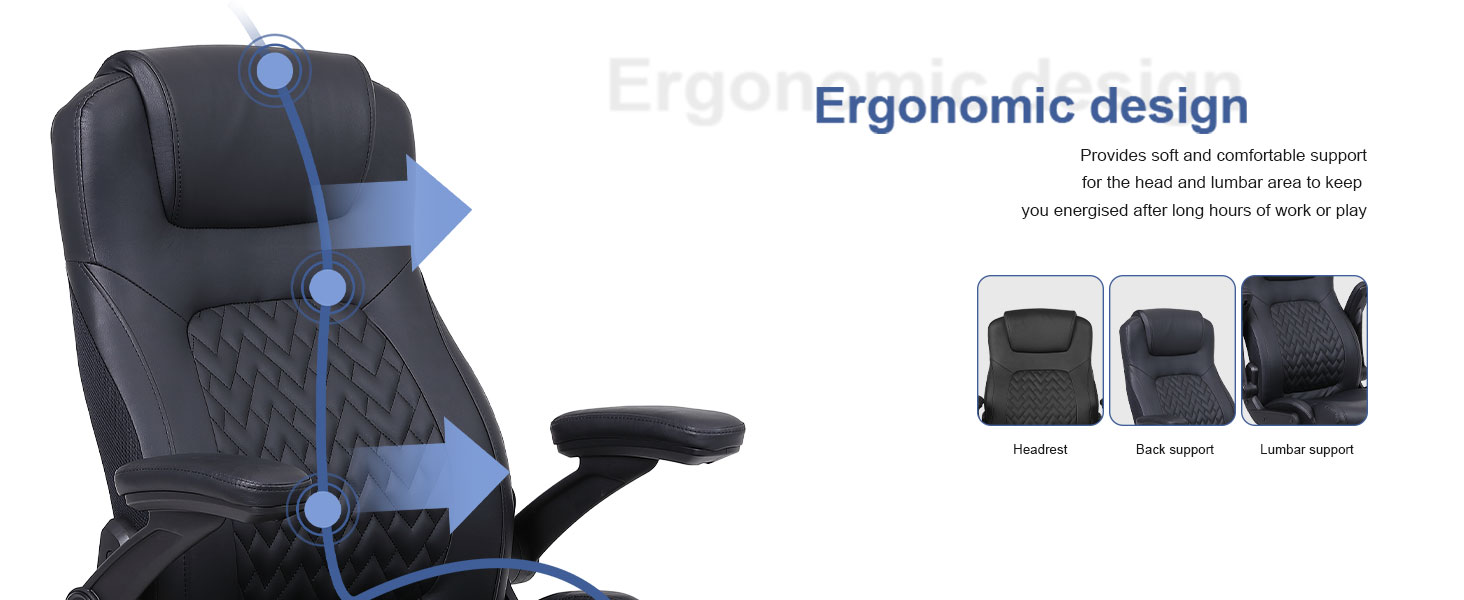 Black office chair with ergonomic design features highlighted by blue arrows, showing adjustable components and multiple viewing angles in product diagram.