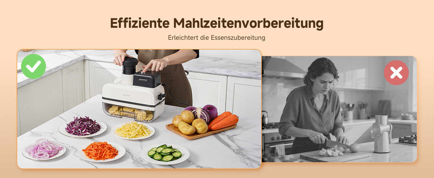 Der Text lautet „Effiziente Mahlzeitenvorbereitung“. Sequenz, die die Zubereitung von Speisen mit gehacktem Gemüse auf Tellern und Szenen der Küchenzubereitung zeigt.