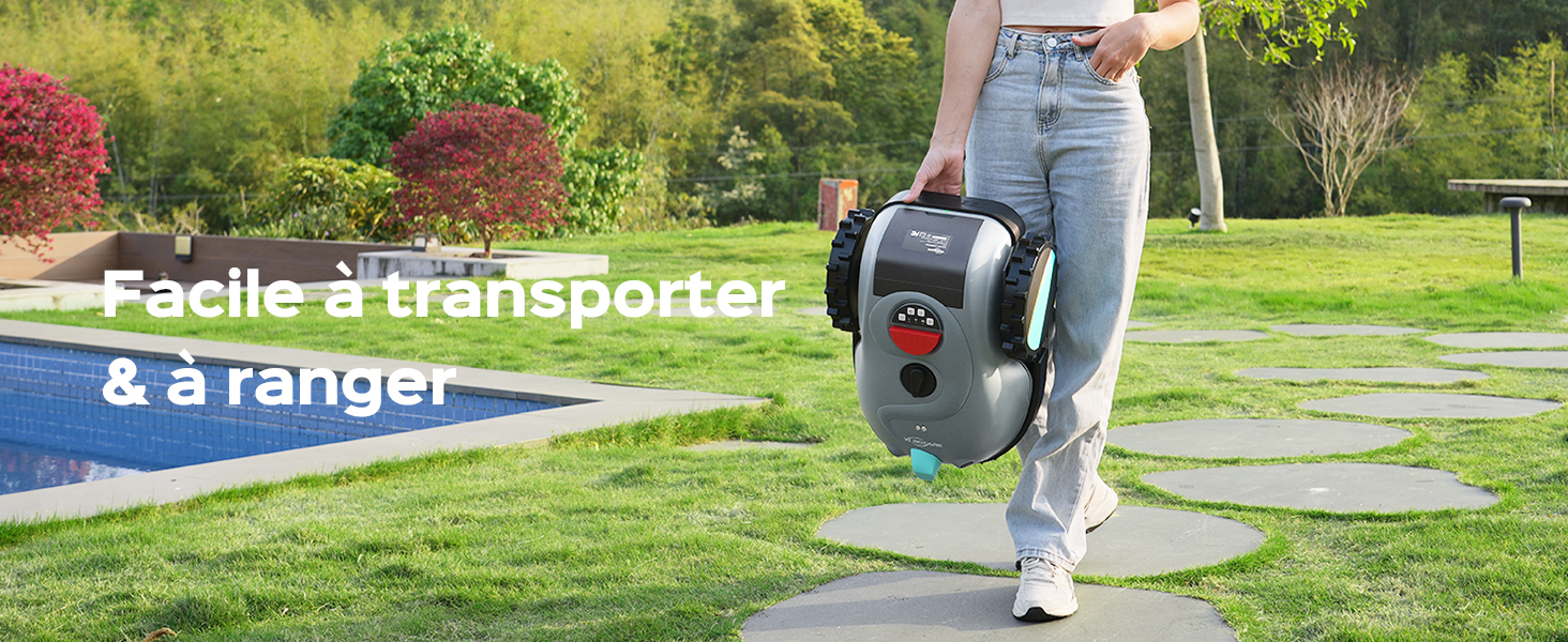Le texte indique « Facile à transporter &amp; à ranger ». Scène extérieure montrant de l'équipement portatif transporté et utilisé sur une zone gazonnée.